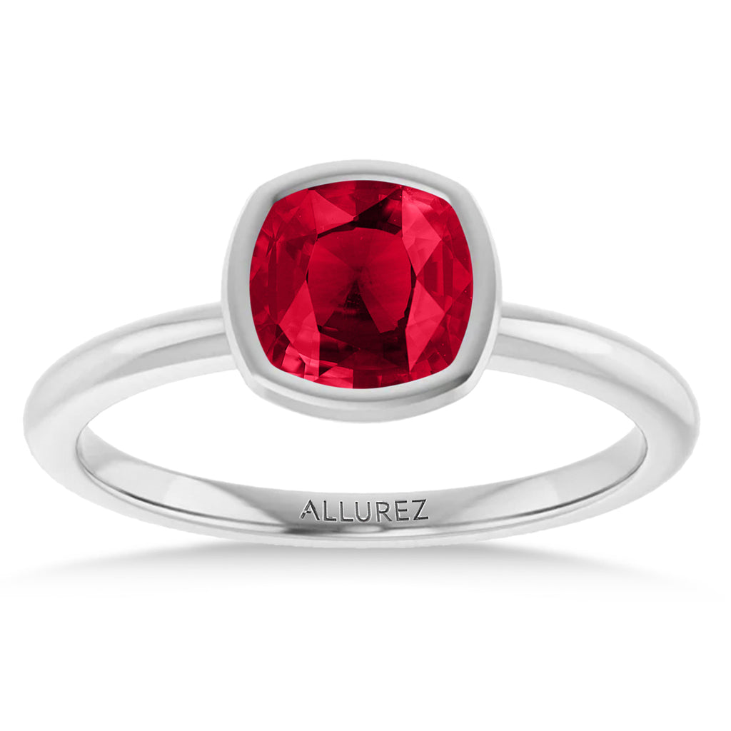 Cushion Cut Lab  Ruby Fashion Ring 14K White Gold (1.45ct)