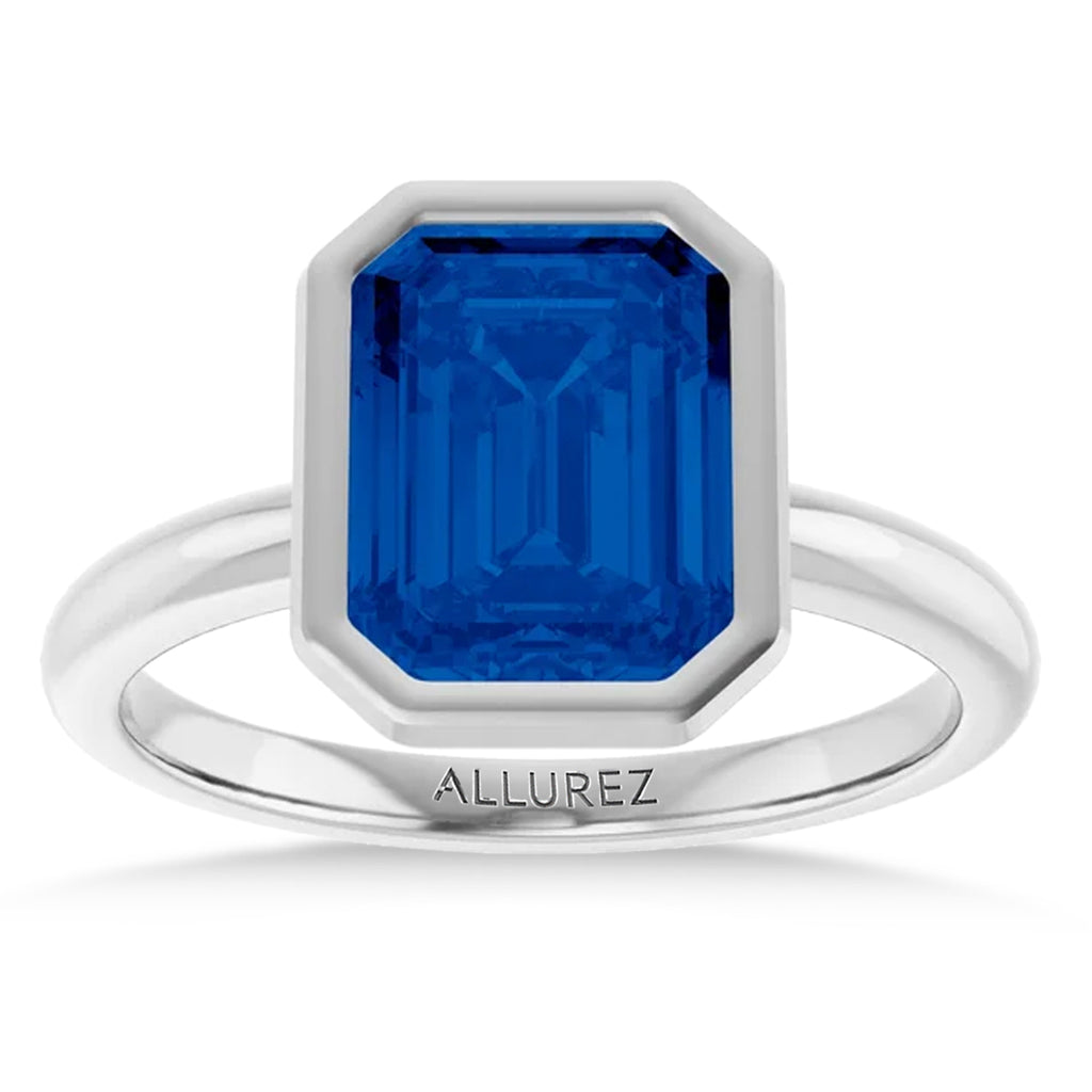 Emerald Cut Lab Grown Blue Sapphire Fashion Ring 14K White Gold (3.00ct)