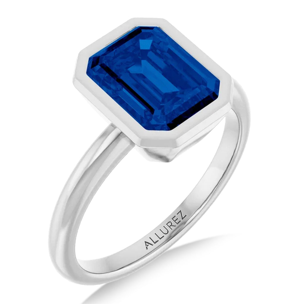 Emerald Cut Lab Grown Blue Sapphire Fashion Ring 14K White Gold (3.00ct)