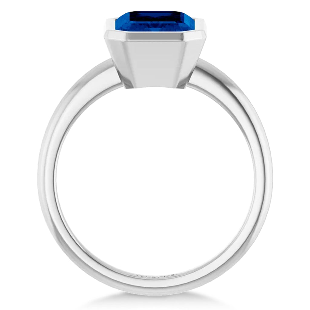 Emerald Cut Lab Grown Blue Sapphire Fashion Ring 14K White Gold (3.00ct)