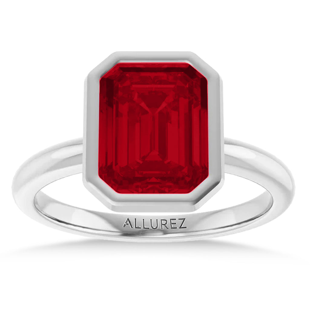 Emerald Cut Lab Ruby Fashion Ring 14K White Gold (3.00ct)