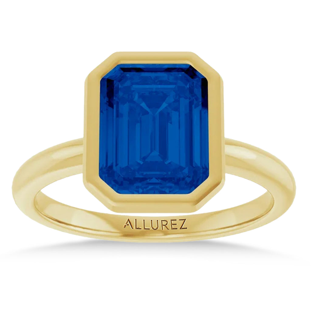 Emerald Cut Lab Blue Sapphire Fashion Ring 14K Yellow Gold (3.00ct)