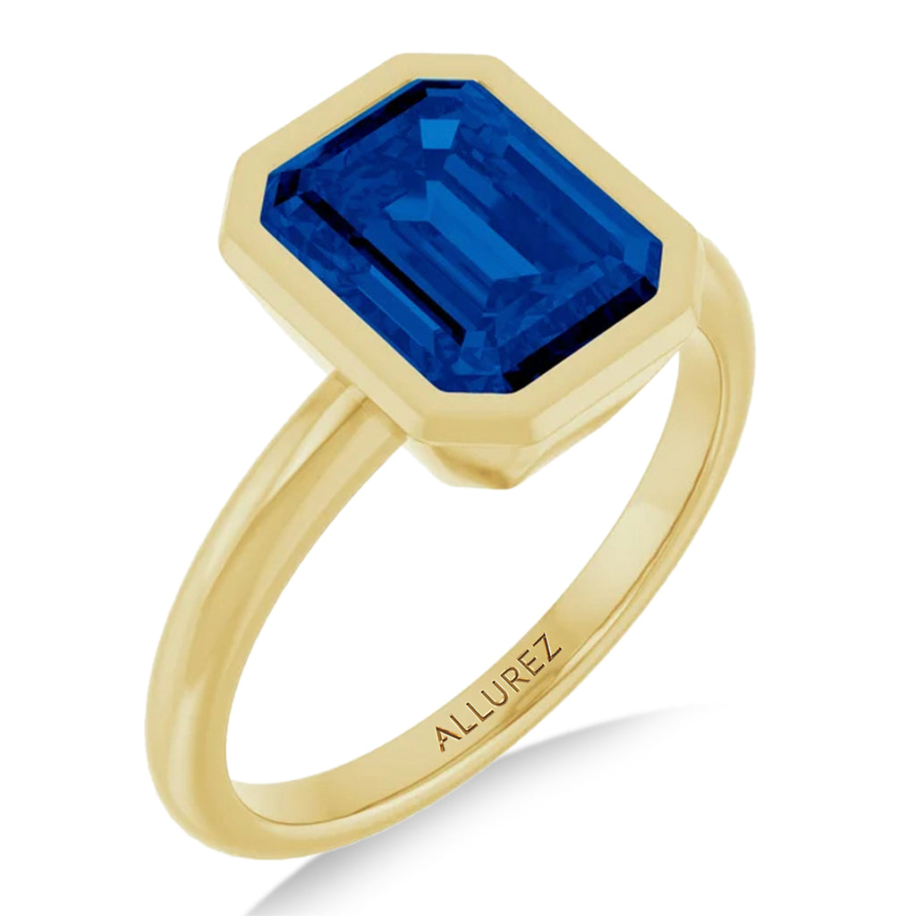 Emerald Cut Lab Blue Sapphire Fashion Ring 14K Yellow Gold (3.00ct)