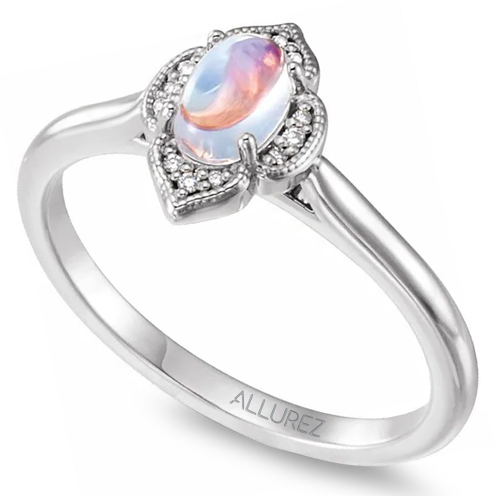Natural Rainbow Moonstone & Diamond Clover Ring 14K White Gold (0.49ct)