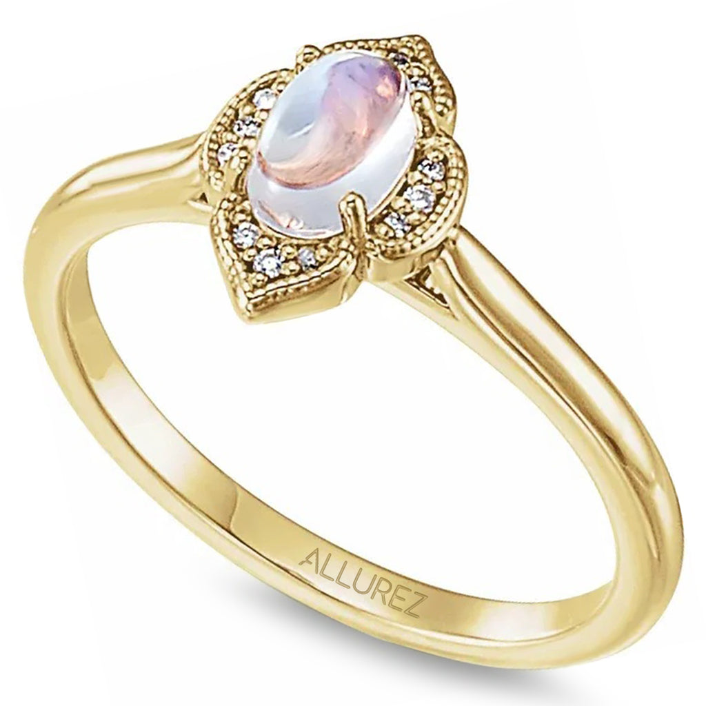 Natural Rainbow Moonstone & Diamond Clover Ring 14K Yellow Gold (0.49ct)