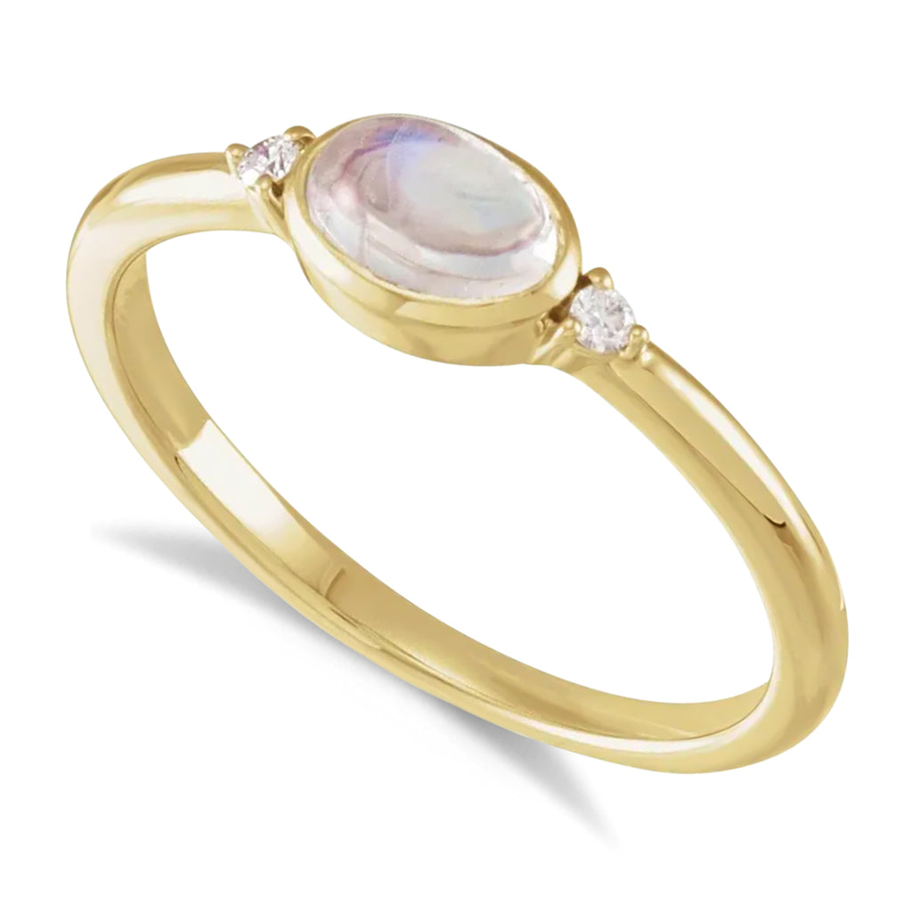 Oval Natural Cabochon Rainbow Moonstone & Diamond Ring 14K Yellow Gold (0.65ct)