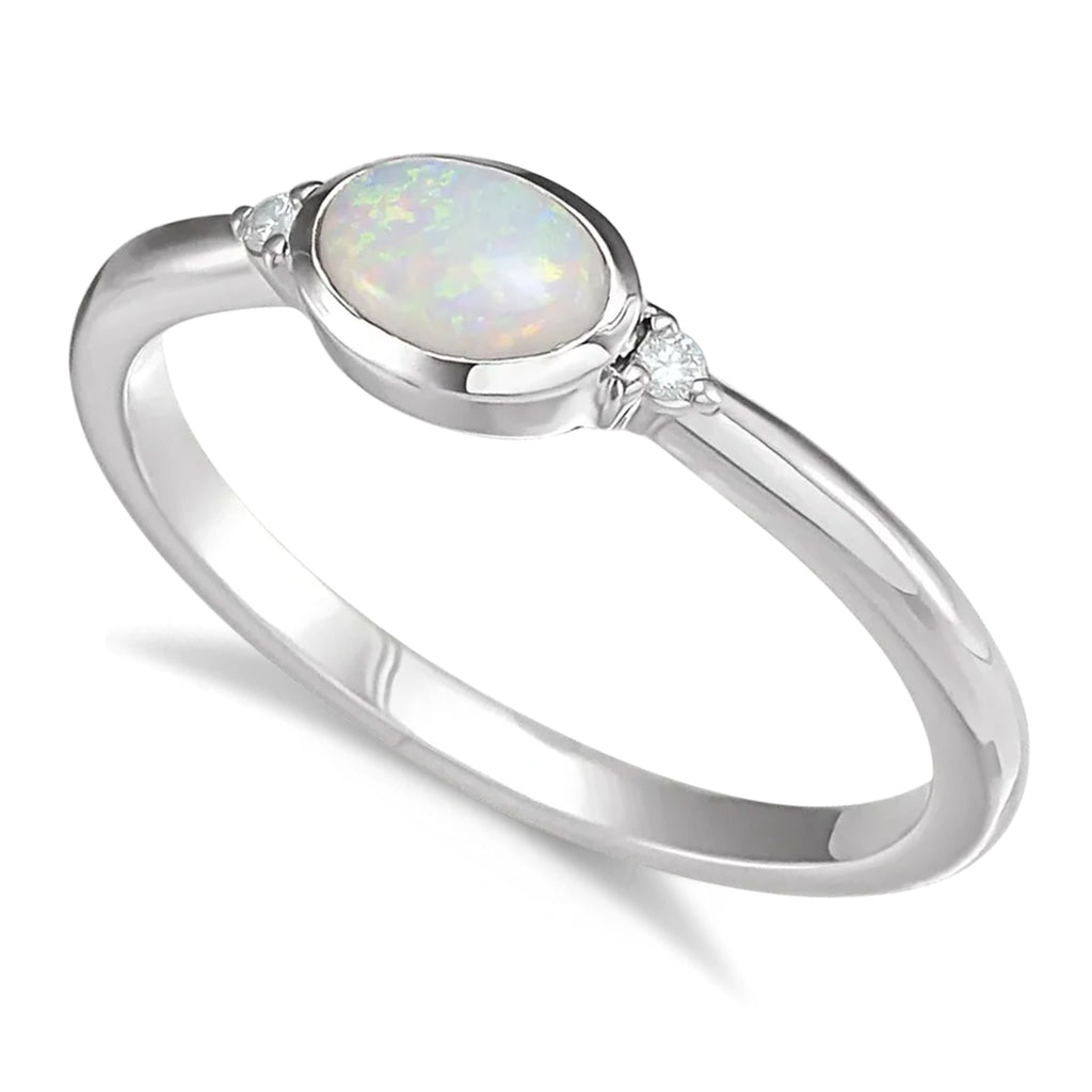 Oval Natural Cabochon Ethiopian Opal & Diamond Ring 14K White Gold (0.34ct)