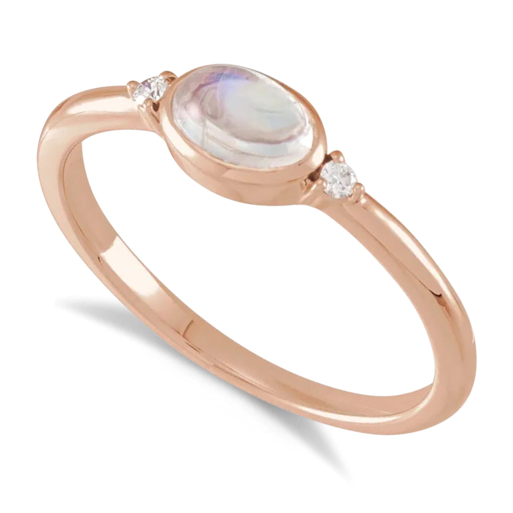 Oval Natural Cabochon Rainbow Moonstone & Diamond Ring 14K Rose Gold (0.65ct)