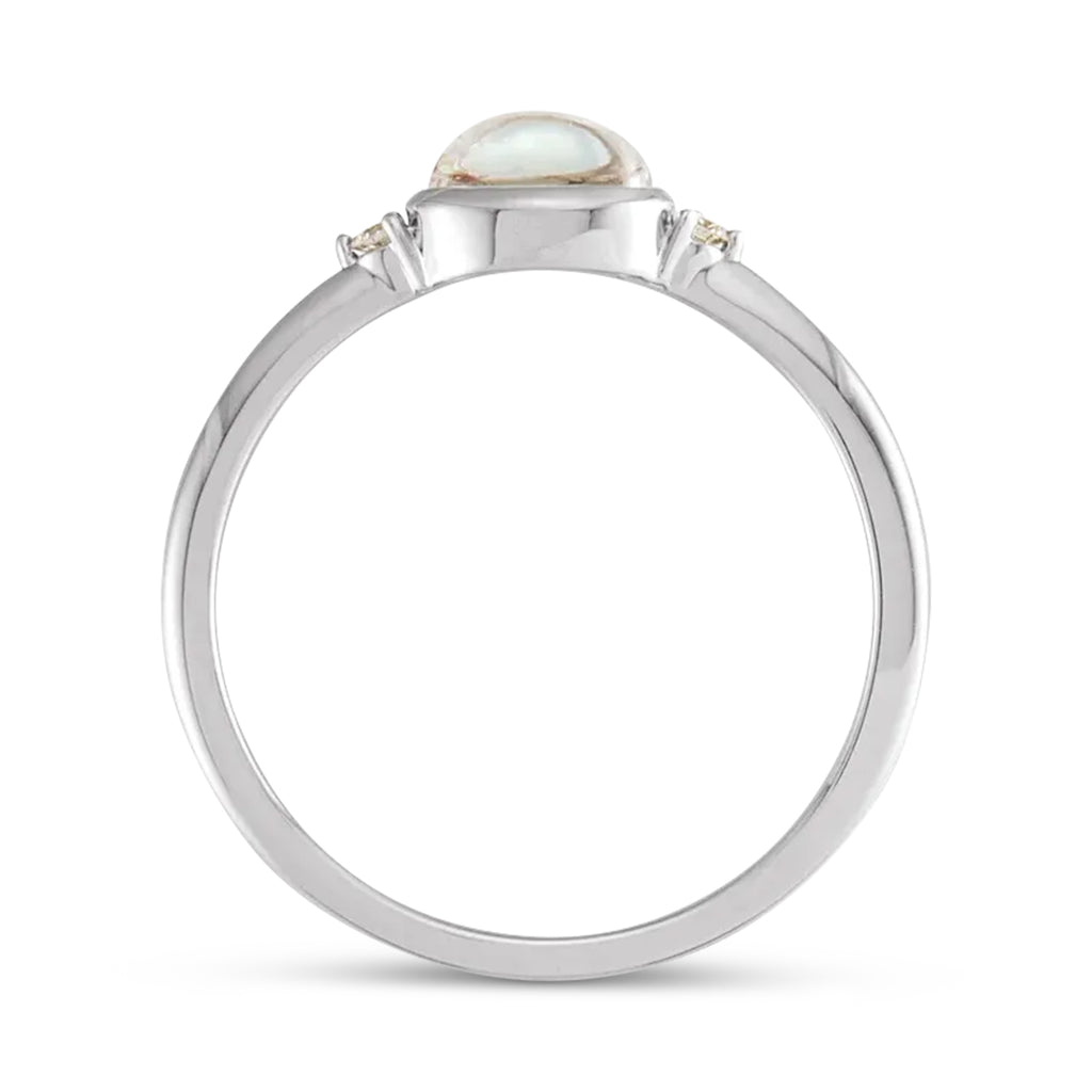 Oval Natural Cabochon Rainbow Moonstone & Diamond Ring 14K White Gold (0.65ct)