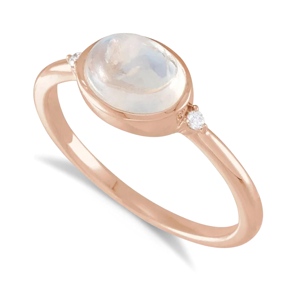 Oval Natural Cabochon Rainbow Moonstone & Diamond Ring 14K Rose Gold (1.53ct)