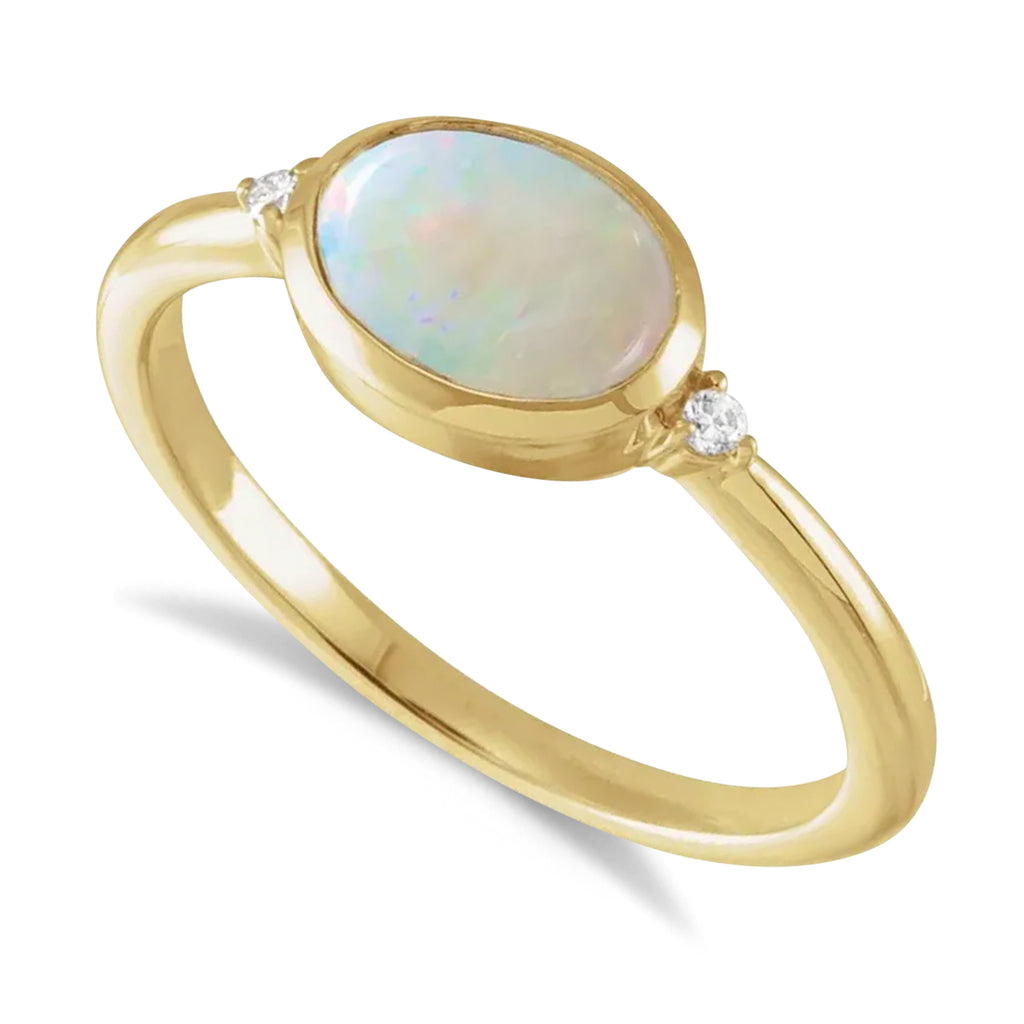 Oval Natural Cabochon Ethiopian Opal & Diamond Ring 14K Yellow Gold (0.81ct)