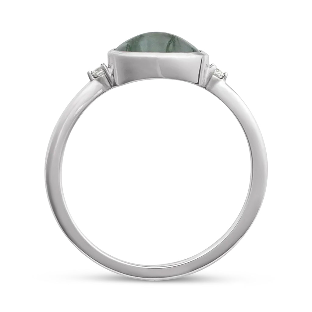 Oval Natural Cabochon Moss Agate & Diamond Ring 14K White Gold (0.93ct)