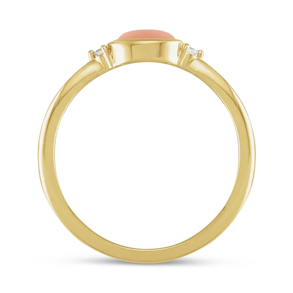Oval Natural Cabochon Pink Coral & Diamond Ring 14K Yellow Gold (0.53ct)