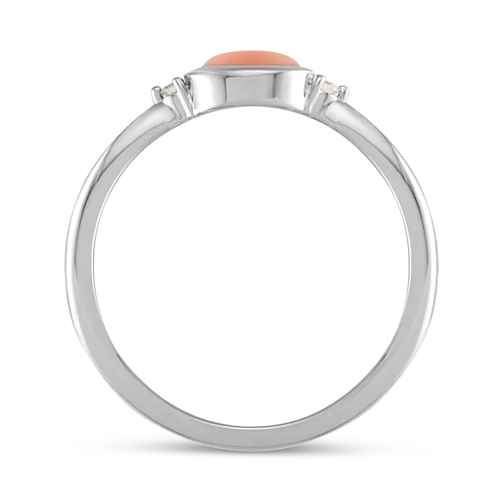 Oval Natural Cabochon Pink Coral & Diamond Ring 14K White Gold (0.53ct)