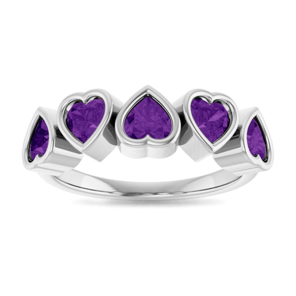 Five Heart Natural Amethyst Ring in 14K White Gold ViewS