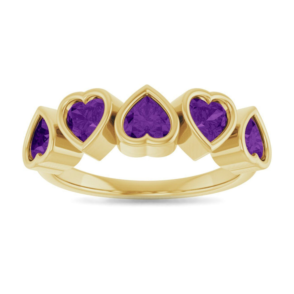 Five Heart Natural Amethyst Ring in 14K Yellow Gold ViewS