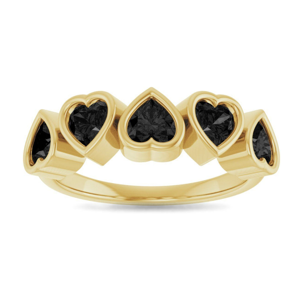 Five Heart Natural Black Onyx Ring in 14K Yellow Gold ViewS