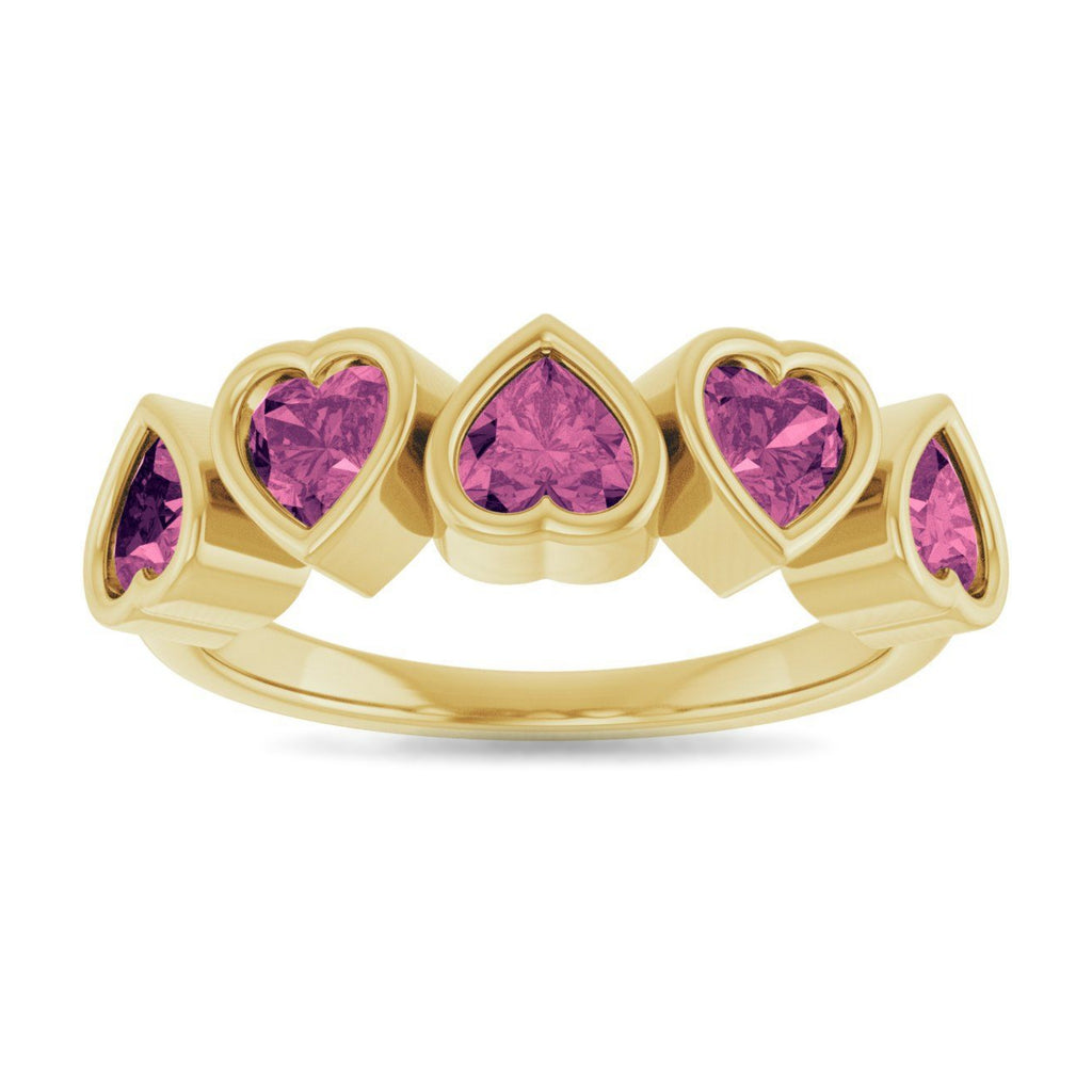 Five Heart Natural Pink Tourmaline Ring in 14K Yellow Gold ViewS