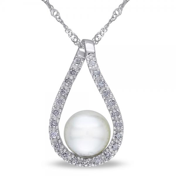 Tear Drop Diamond Pendant w/ Freshwater Pearl 14k White Gold 6.5-7mm