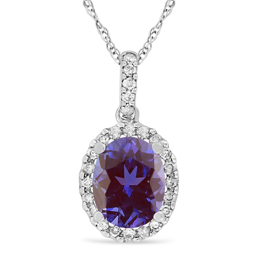 Lab Alexandrite & Halo Diamond Pendant Necklace in 14k White Gold 2.00ct