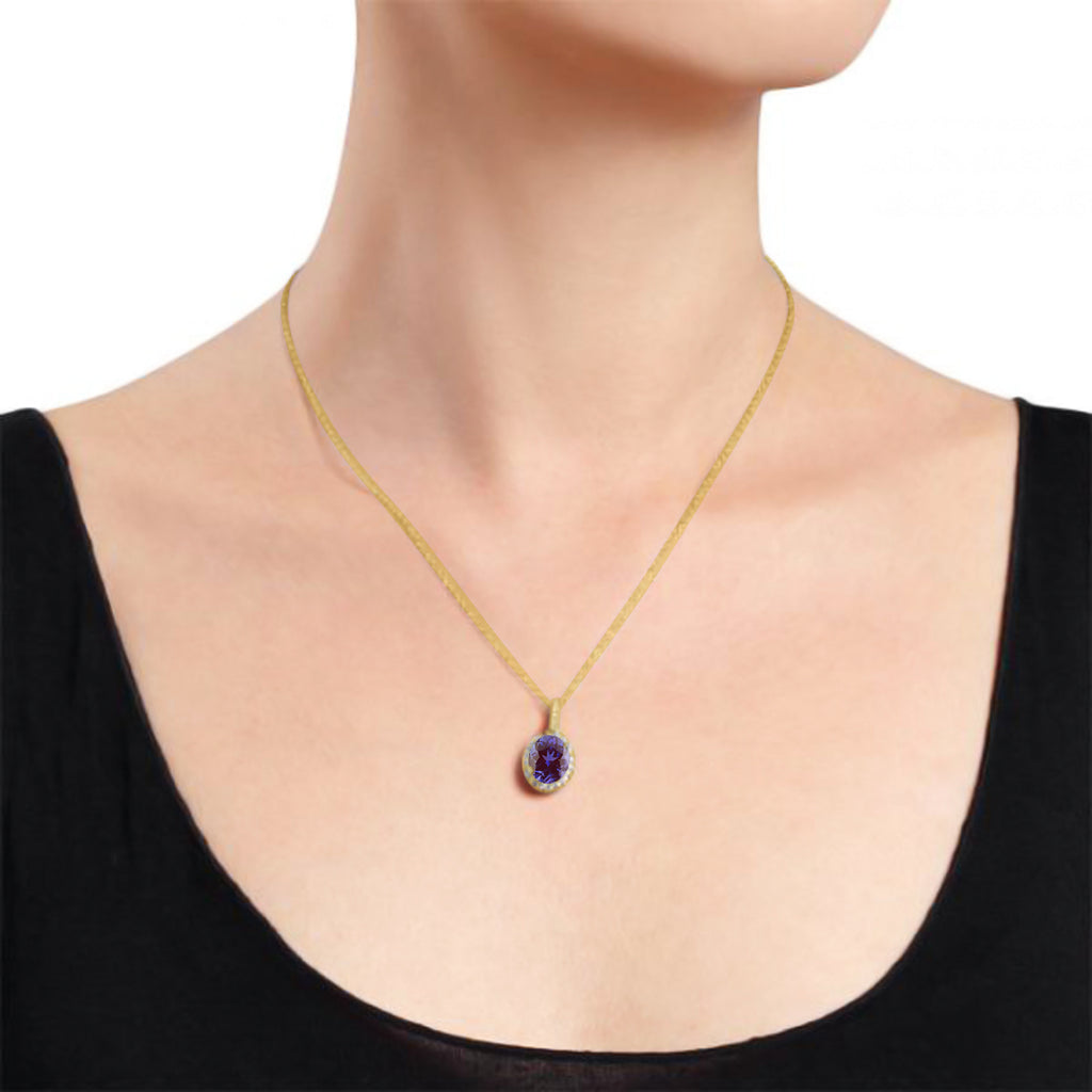 Lab Alexandrite & Halo Diamond Pendant Necklace in 14k Yellow Gold 2.00ct