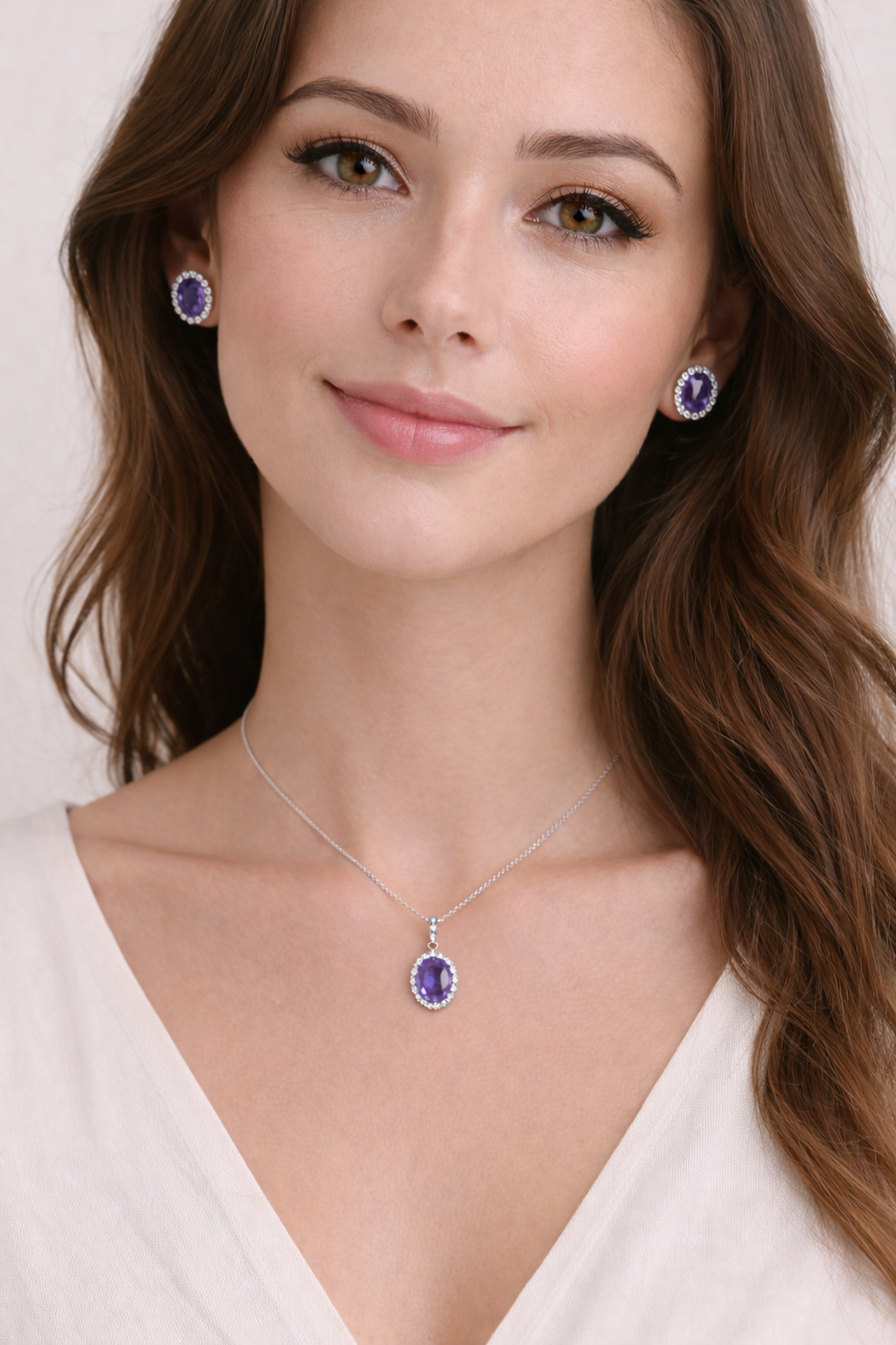 Amethyst & Halo Diamond Pendant Necklace in 14k White Gold 2.00ct