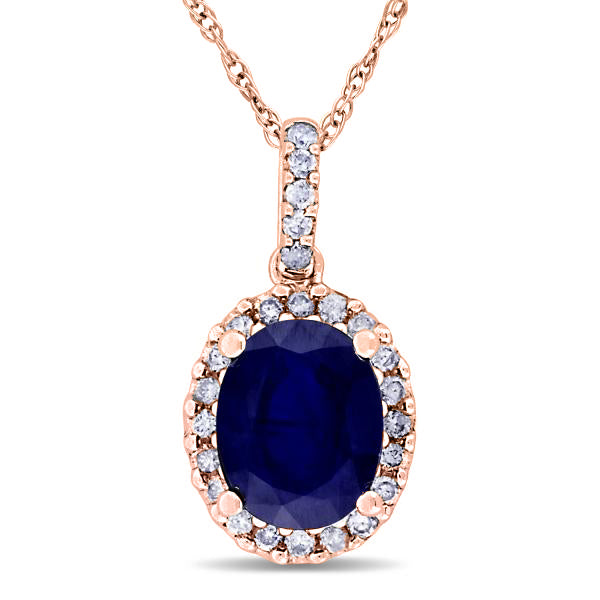 Lab Blue Sapphire & Halo Diamond Pendant Necklace 14k Rose Gold 2.90ct