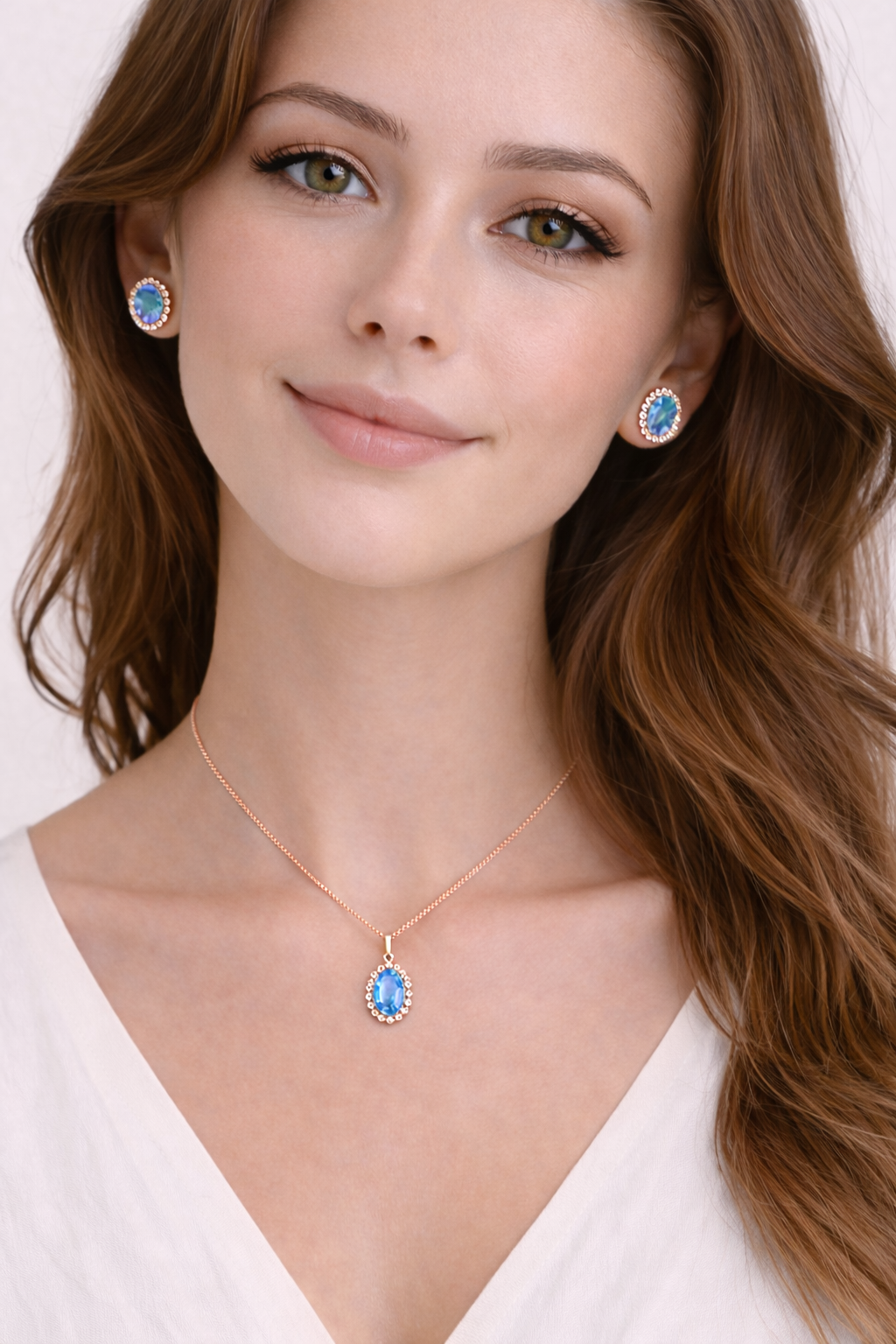 Blue Topaz & Halo Diamond Pendant Necklace in 14k Rose Gold 2.74ct