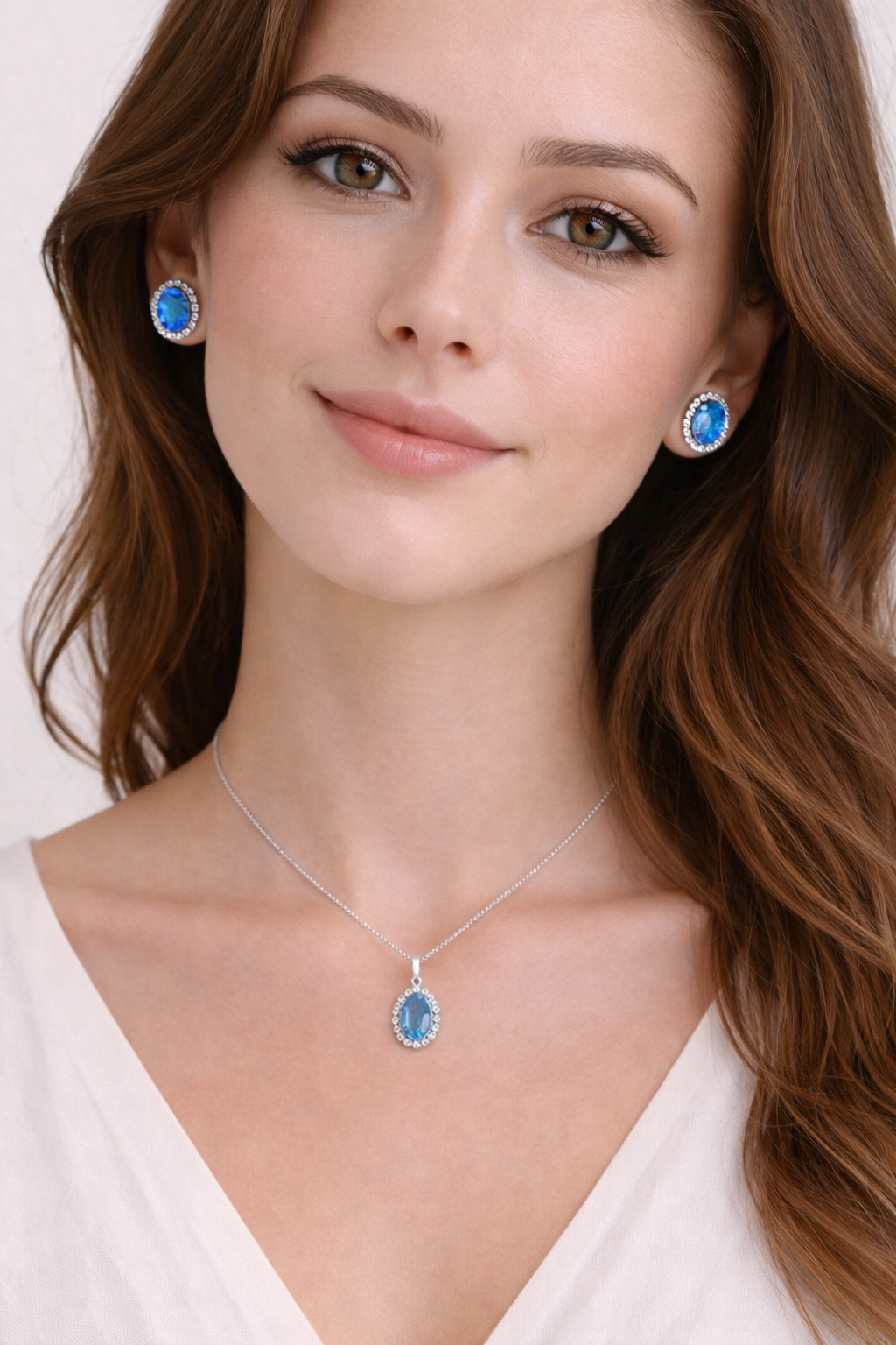 Blue Topaz & Halo Diamond Pendant Necklace in 14k White Gold 2.74ct