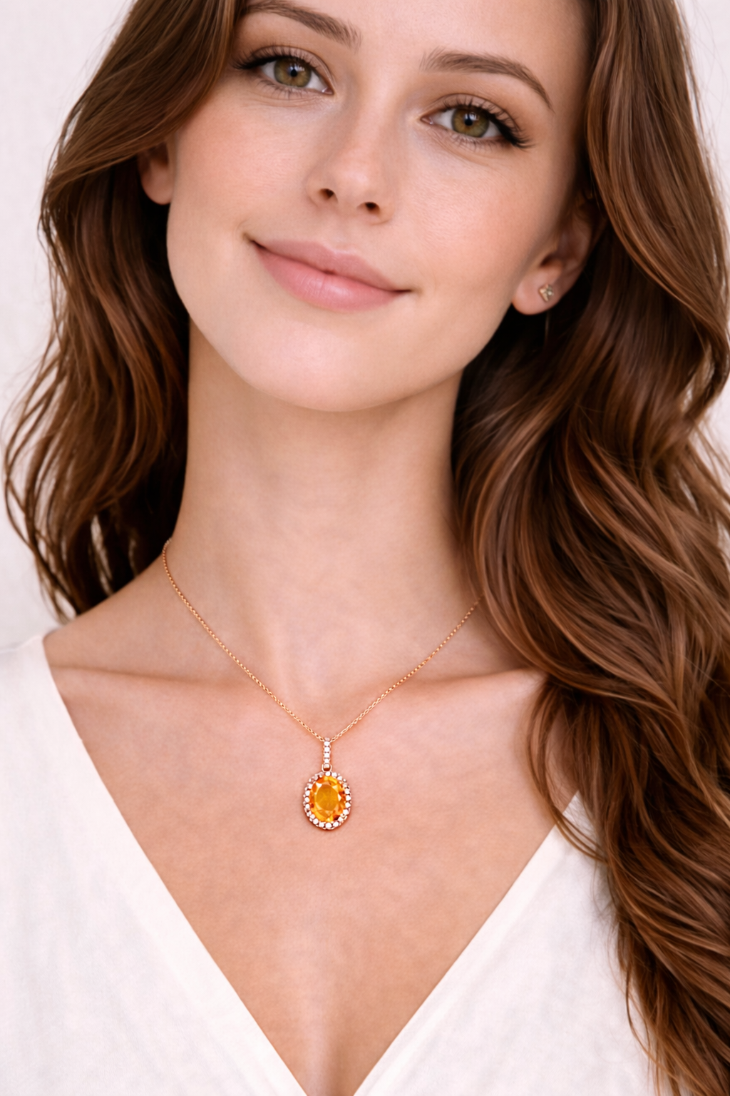 Citrine & Halo Diamond Pendant Necklace in 14k Rose Gold 2.00ct