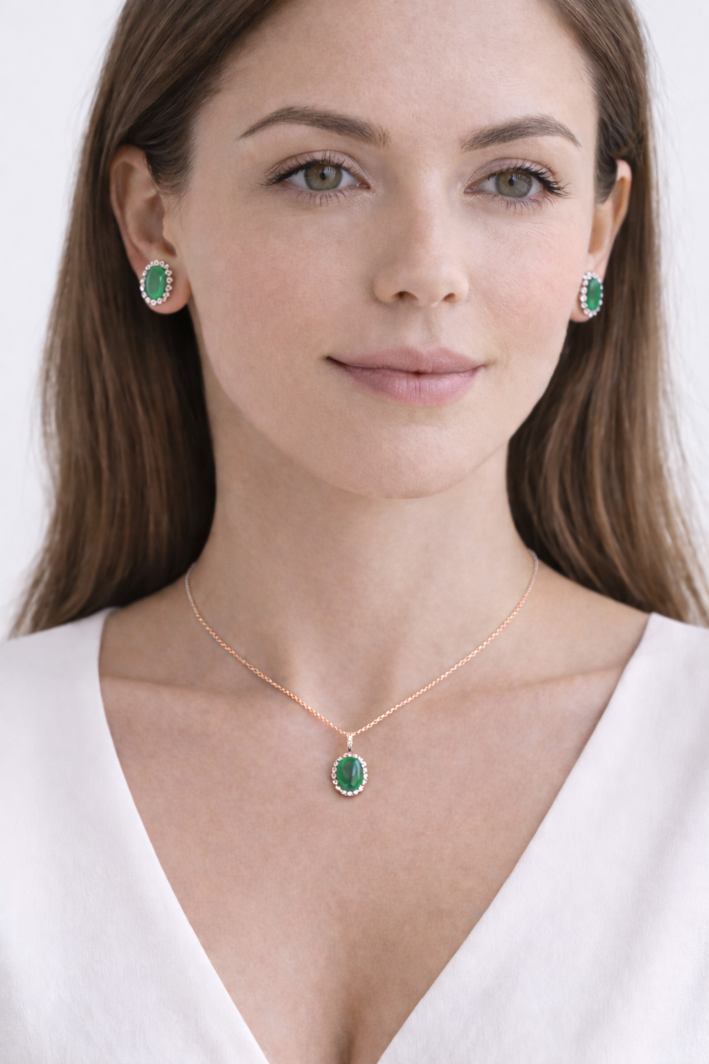 Lab Emerald & Halo Diamond Pendant Necklace 14k Rose Gold 2.14ct
