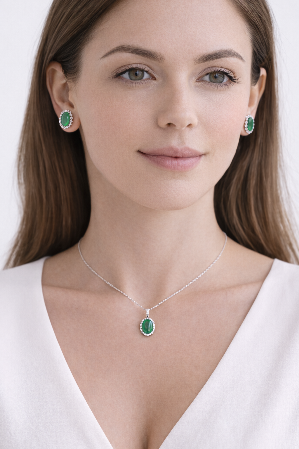 Lab Emerald & Halo Diamond Pendant Necklace 14k White Gold 2.14ct