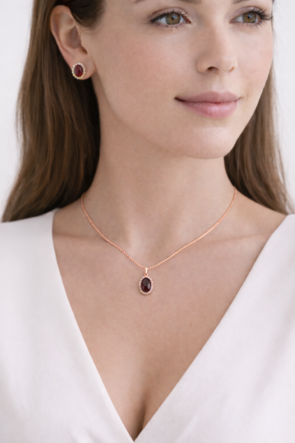 Garnet & Halo Diamond Pendant Necklace in 14k Rose Gold 2.34ct