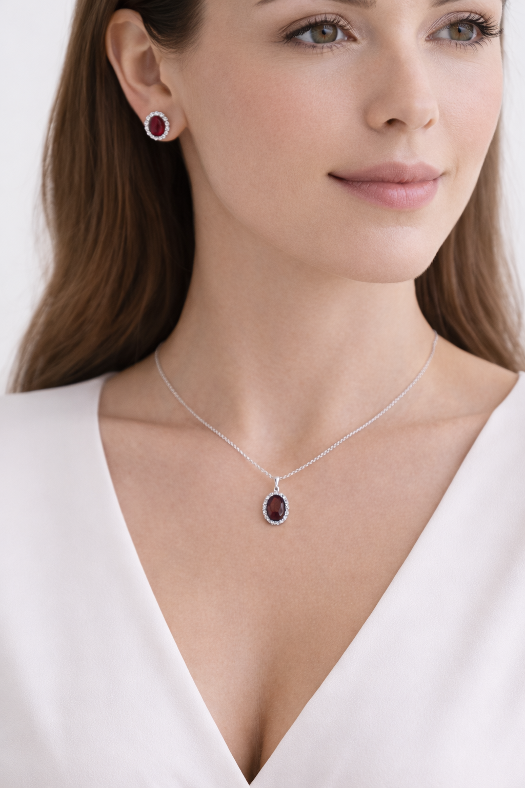 Garnet & Halo Diamond Pendant Necklace in 14k White Gold 2.34ct