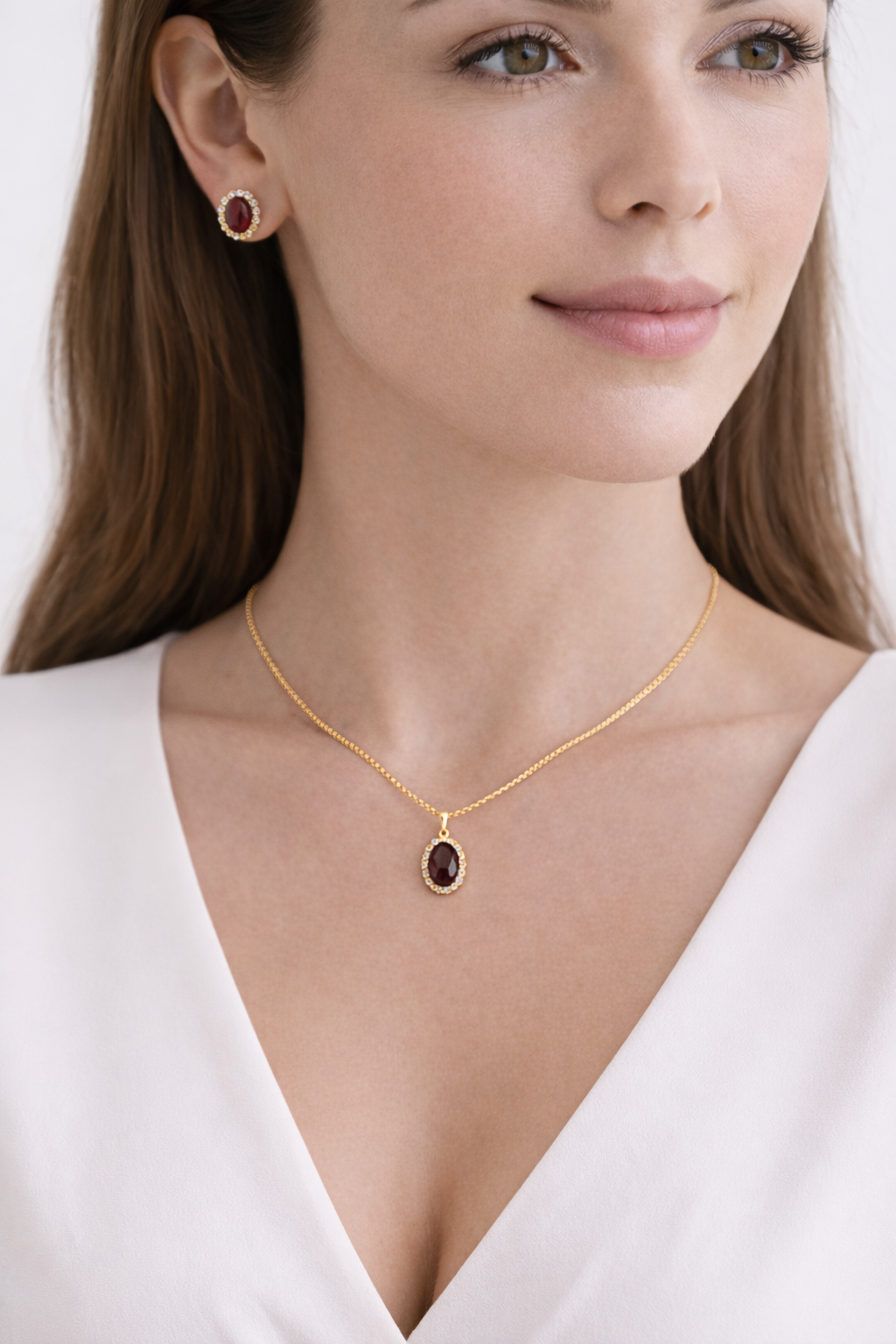 Garnet & Halo Diamond Pendant Necklace in 14k Yellow Gold 2.34ct