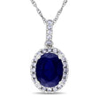 Lab Blue Sapphire & Halo Diamond Pendant Necklace 14k White Gold 2.90ct