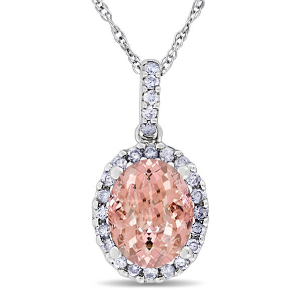 Morganite & Halo Diamond Pendant Necklace in 14k White Gold 2.84ct