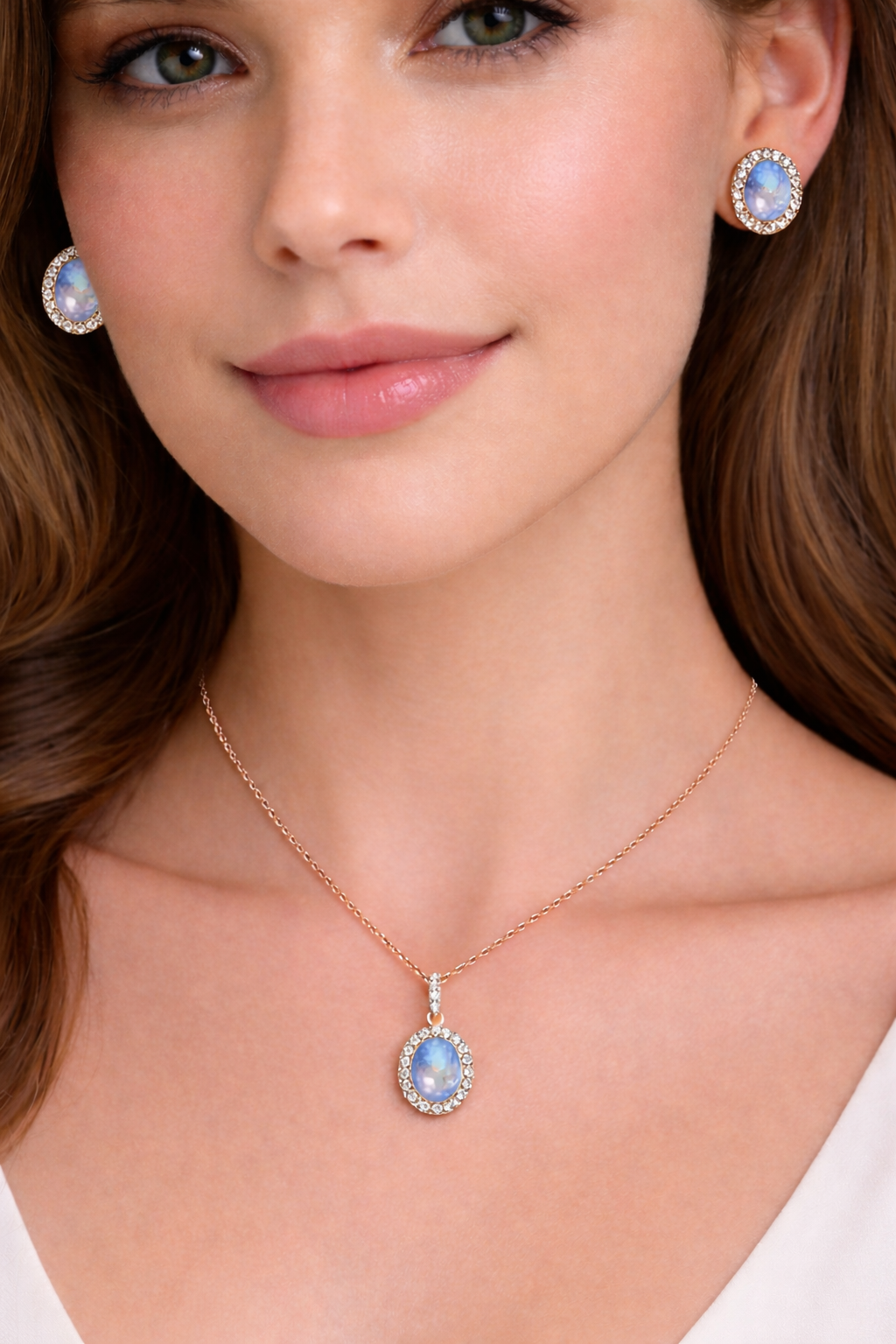 Moonstone & Halo Diamond Pendant Necklace in 14k Rose Gold 2.14ct