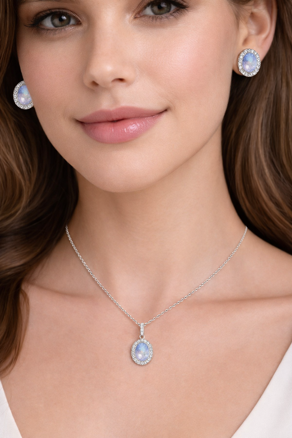 Moonstone & Halo Diamond Pendant Necklace in 14k White Gold 2.14ct
