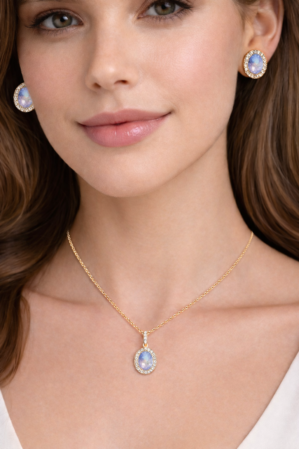 Moonstone & Halo Diamond Pendant Necklace in 14k Yellow Gold 2.14ct