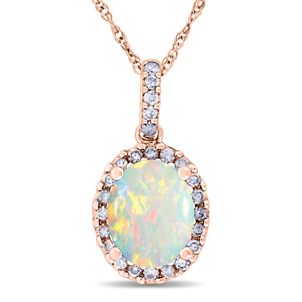 Opal & Halo Diamond Pendant Necklace in 14k Rose Gold 1.34ct