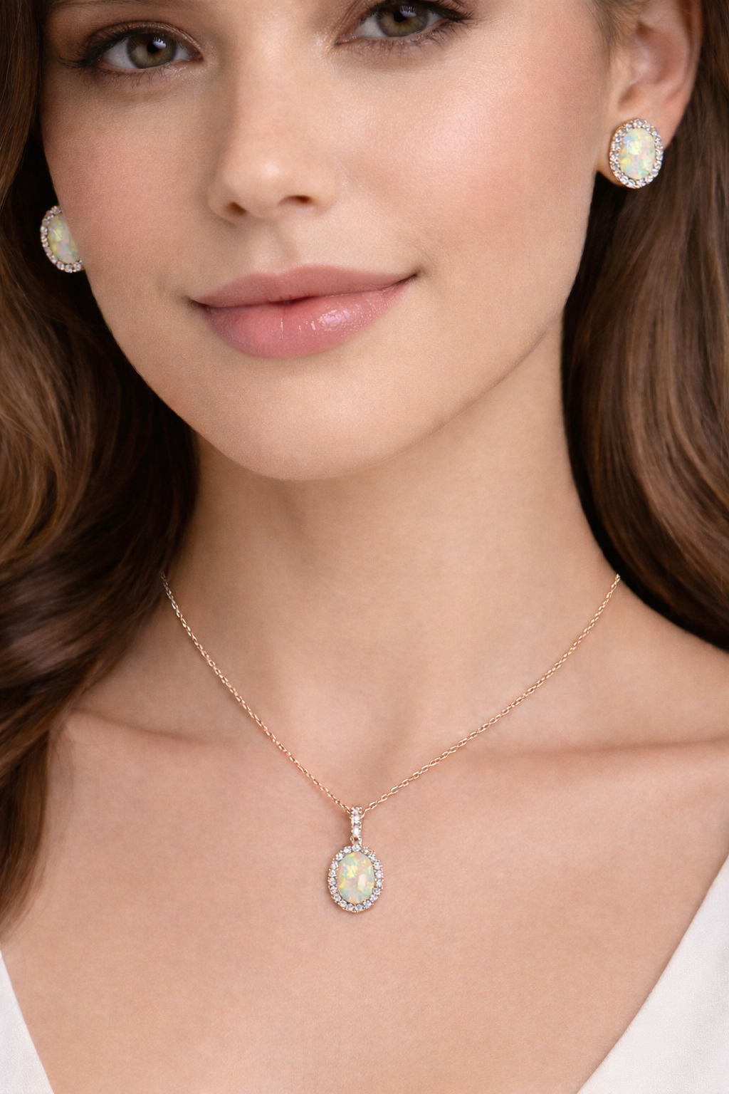 Opal & Halo Diamond Pendant Necklace in 14k Rose Gold 1.34ct