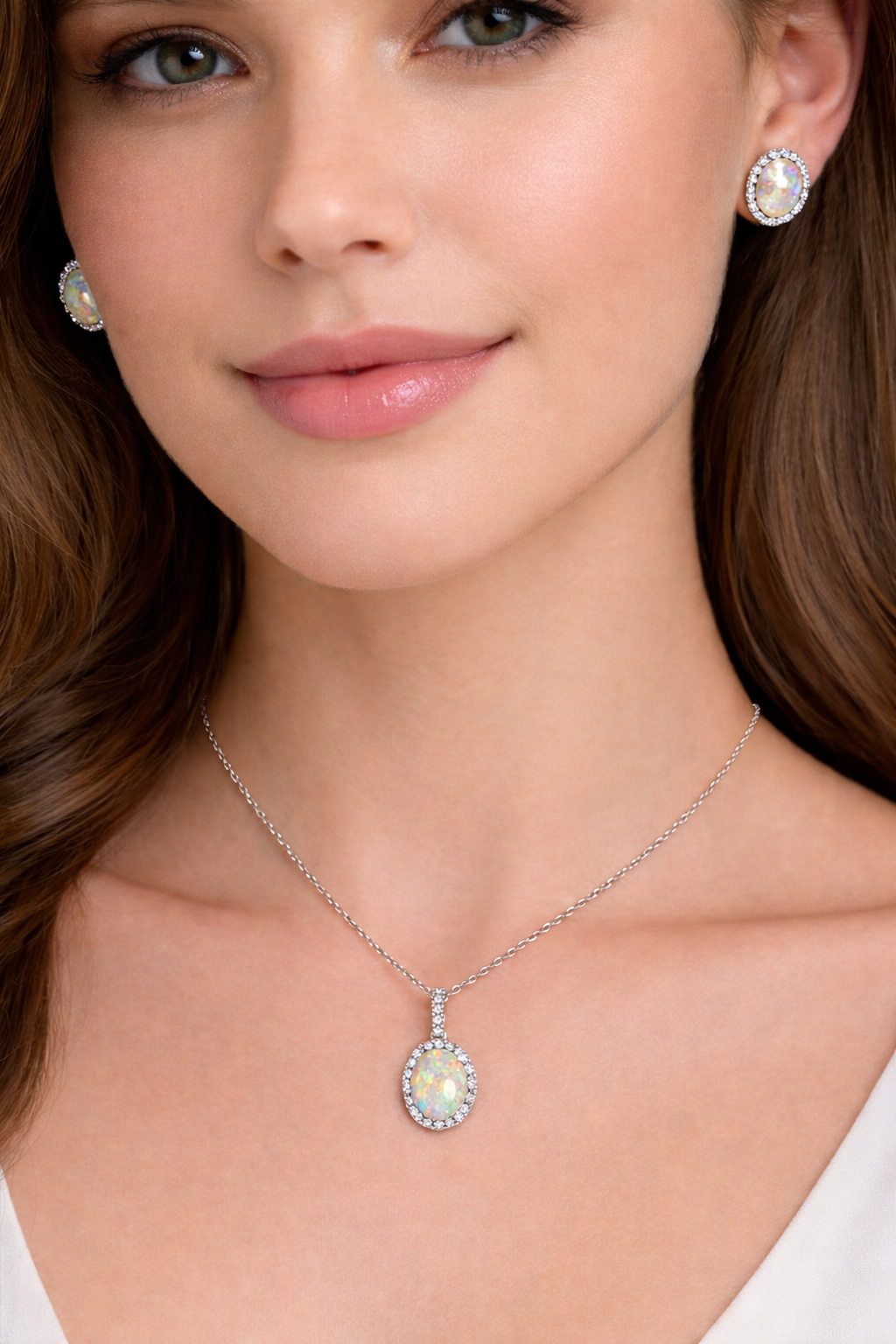 Opal & Halo Diamond Pendant Necklace in 14k White Gold 1.34ct