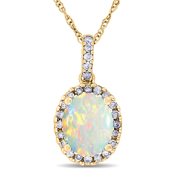 Opal & Halo Diamond Pendant Necklace in 14k Yellow Gold 1.34ct