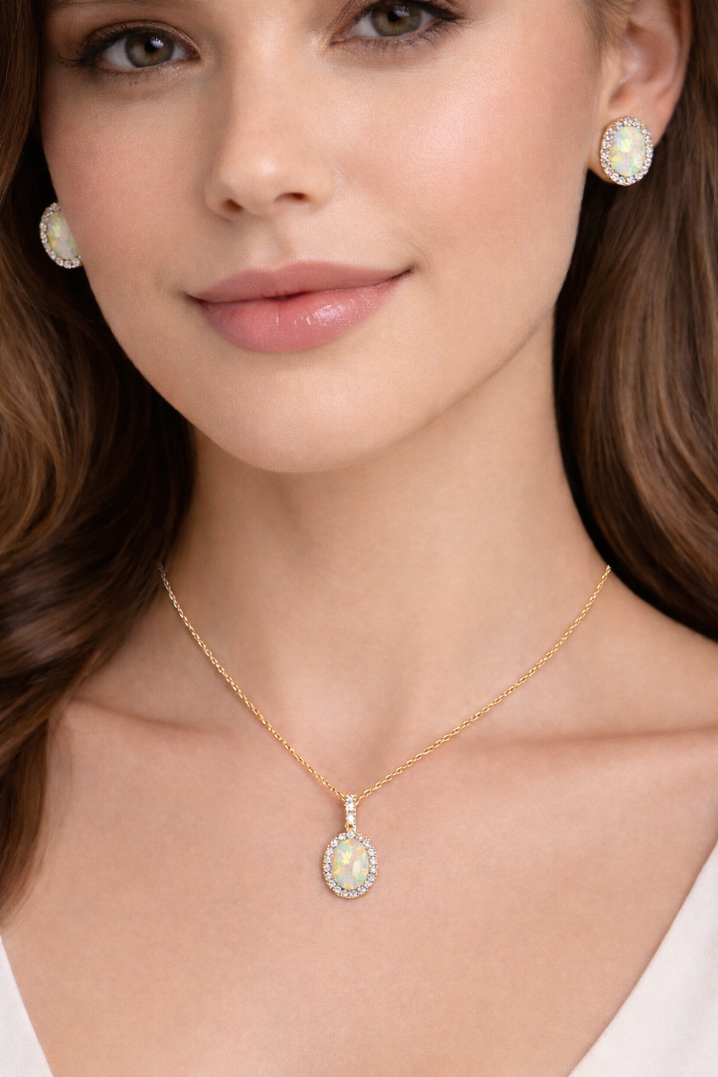 Opal & Halo Diamond Pendant Necklace in 14k Yellow Gold 1.34ct