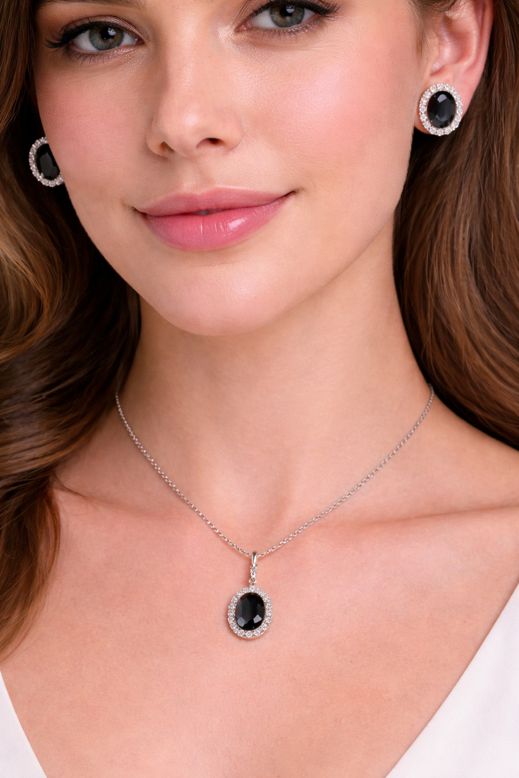 Onyx & Halo Diamond Pendant Necklace in 14k White Gold 2.14ct