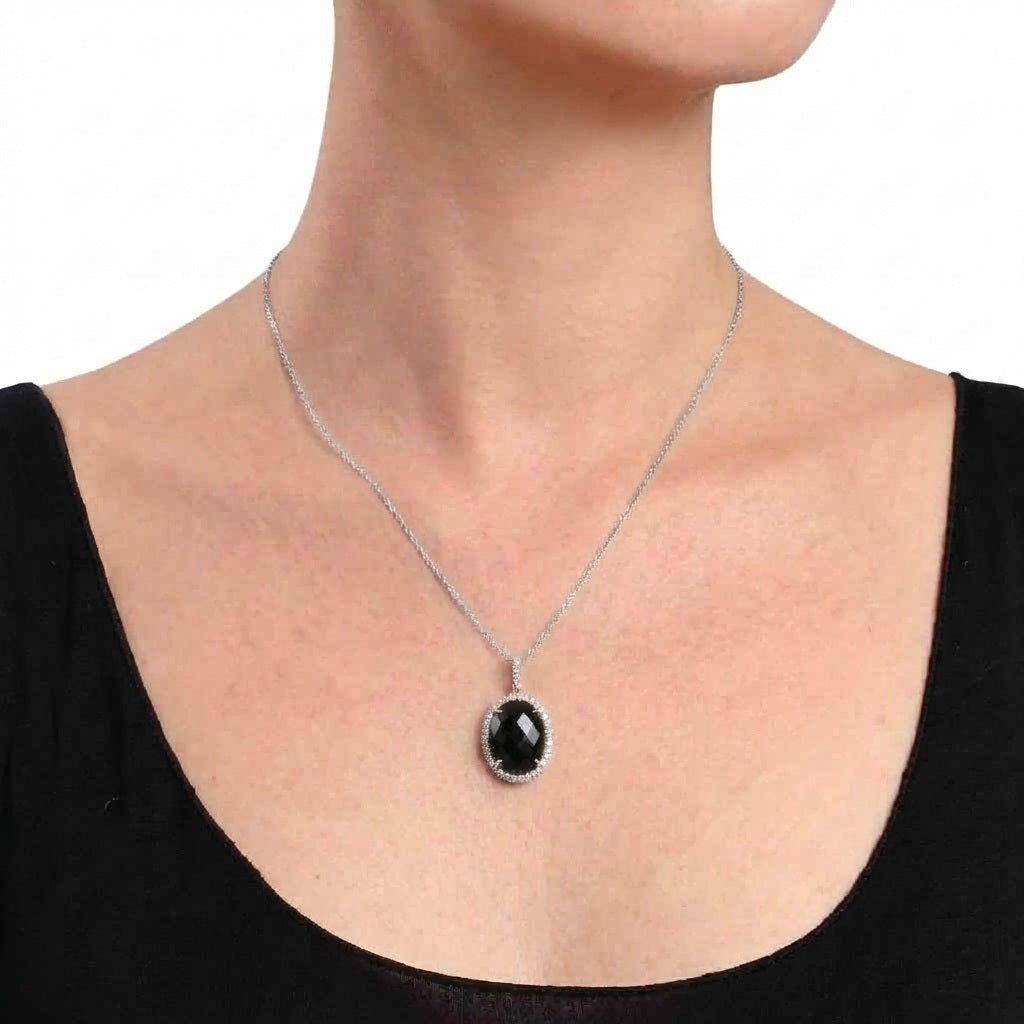 Onyx & Halo Diamond Pendant Necklace in 14k White Gold 2.14ct