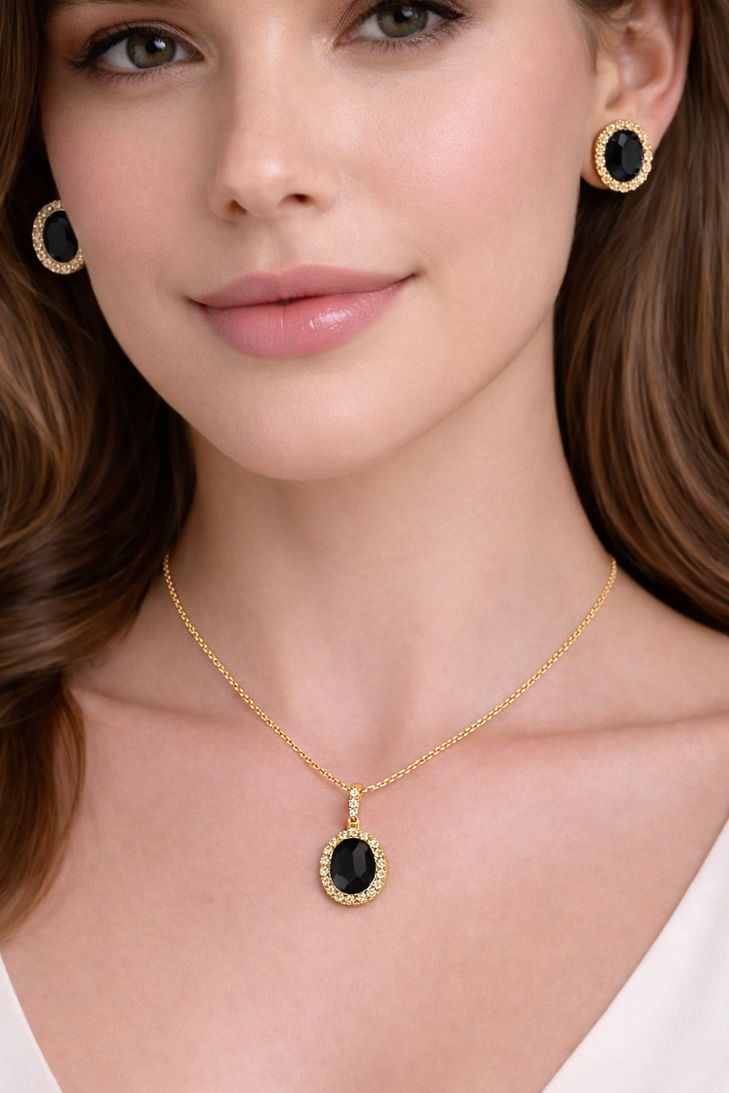 Onyx & Halo Diamond Pendant Necklace in 14k Yellow Gold 2.14ct
