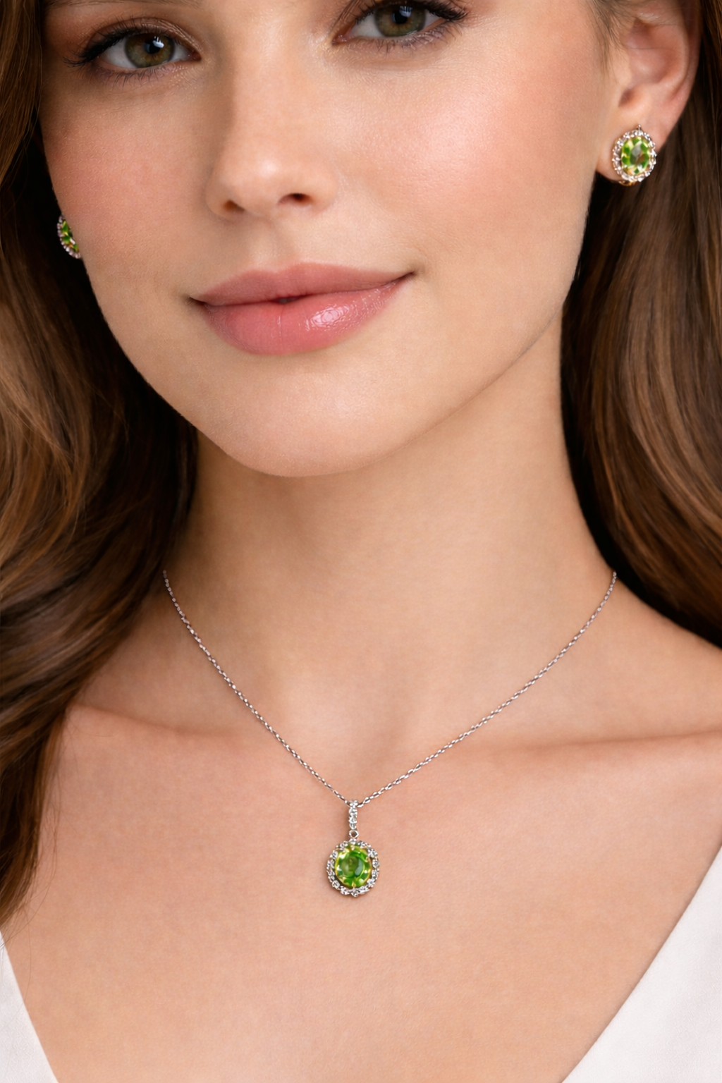 Peridot & Halo Diamond Pendant Necklace in 14k White Gold 2.24ct