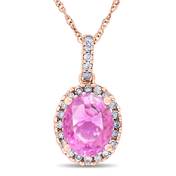 Lab Pink Sapphire & Halo Diamond Pendant Necklace 14k Rose Gold 2.44ct